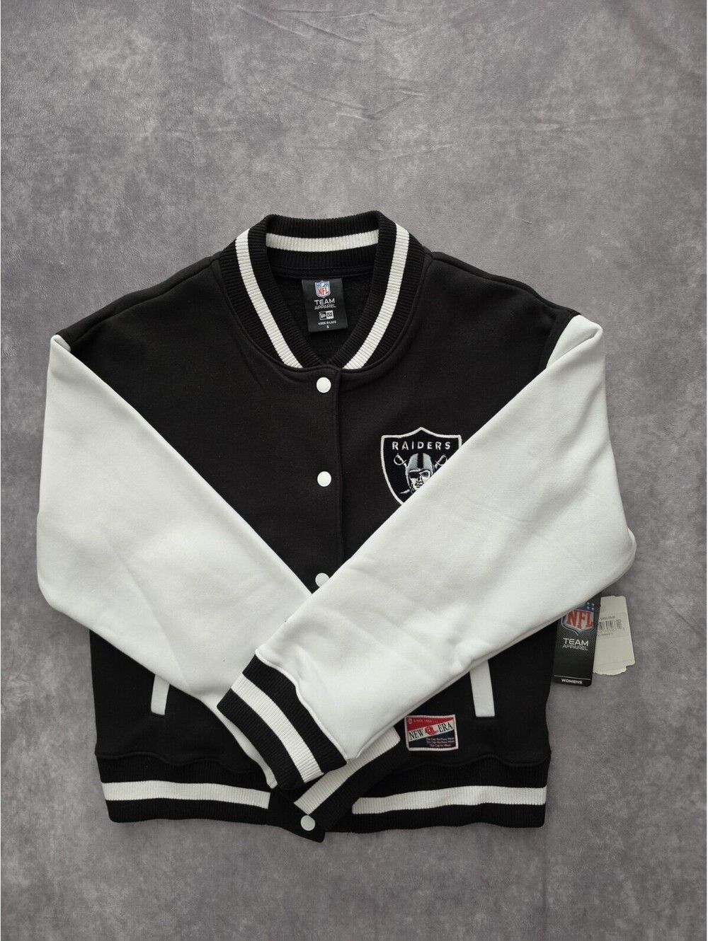 SKU0314 New Era Las Vegas Raiders Women’s Small Varsity Jacket Black White NWT